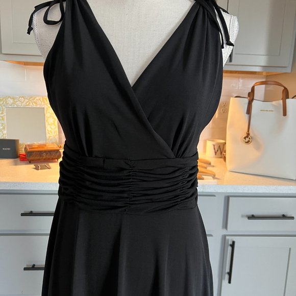 Little Black Dress with Shoulder Ties Cummerbund Waist Midi Length Size Small - Picture 2 of 9